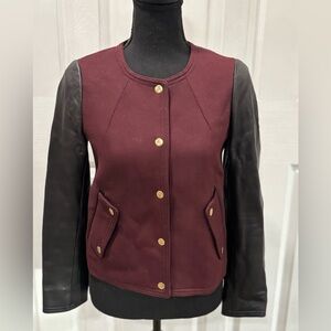 CLUB MONACO  Burgundy and Black LEATHER Varsity Jacket SIZE XS/P
